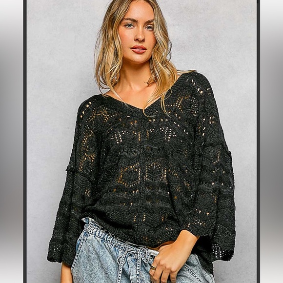 POL Sweaters - 228 🦋 POL crochet V neck oversized sweater